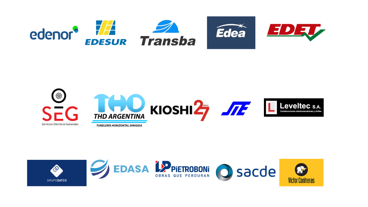 Logos de empresas que trabajan con Politub SRL: Edenor, Edesur, Transba, Edea, EDET, SEG, THD Argentina, Kioshi, SIE, Leveltec, Grupo Datco, Edasa, Pietroboni, Sacde y Víctor Contreras